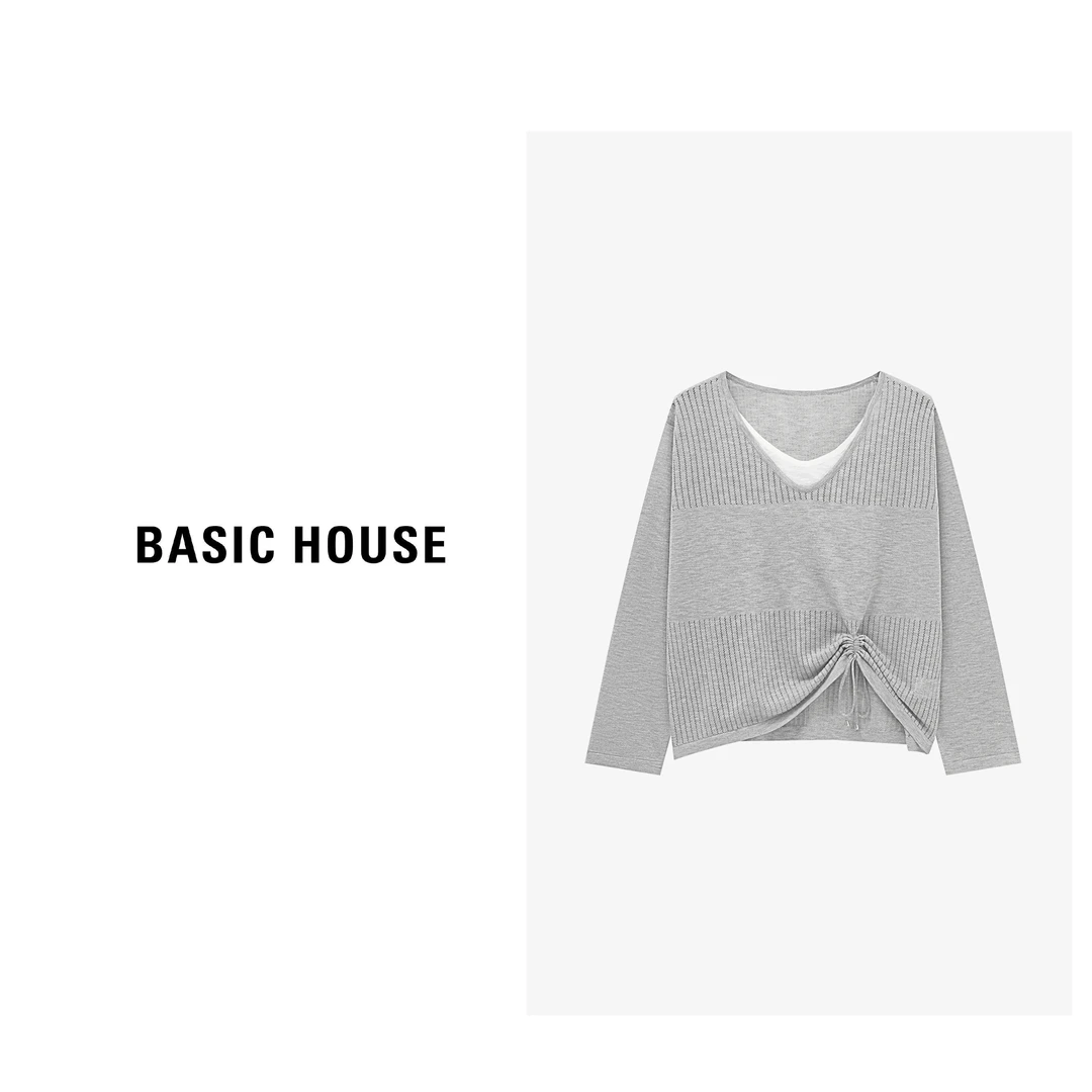 Basic House/百家好设计感假两件抽绳百搭长袖针织衫-B0625B5FHU2