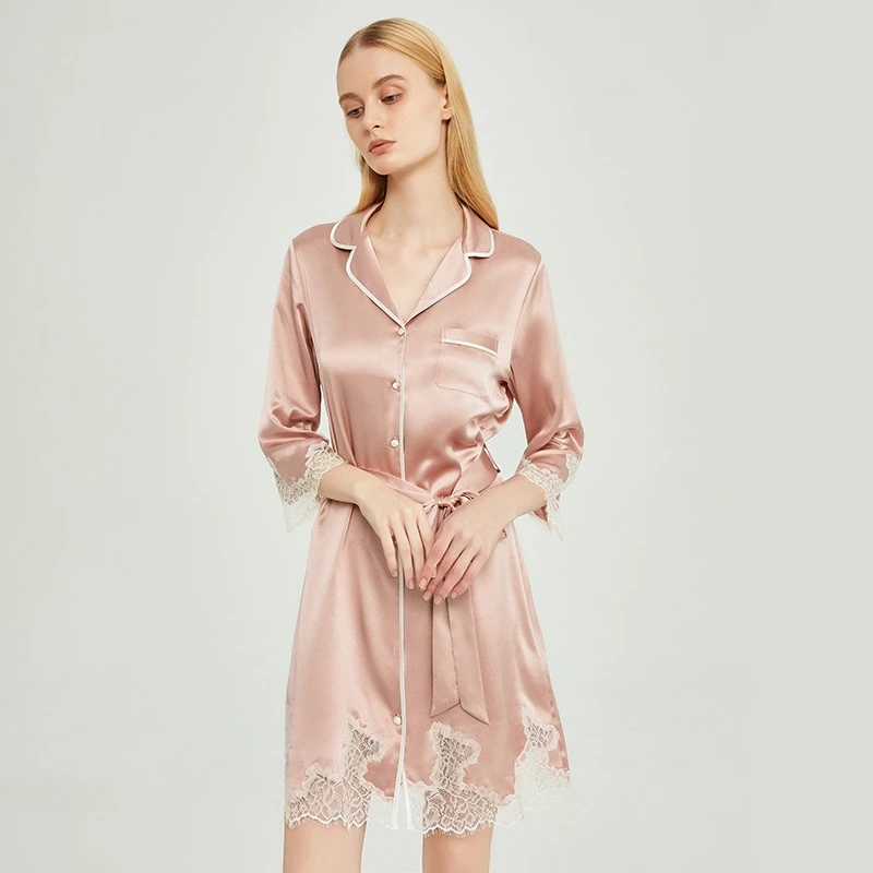 西湖丝韵【孤品】重磅真丝睡裙女款蕾丝衬衫裙桑蚕丝家居服秋季短裙