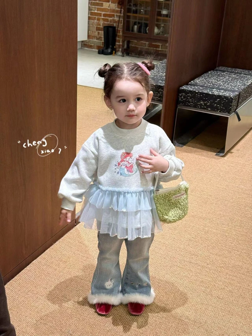 女童灰色加绒卫衣蓝色卡通加绒牛仔裤（CXQ-5258+5205-冬A）汉服