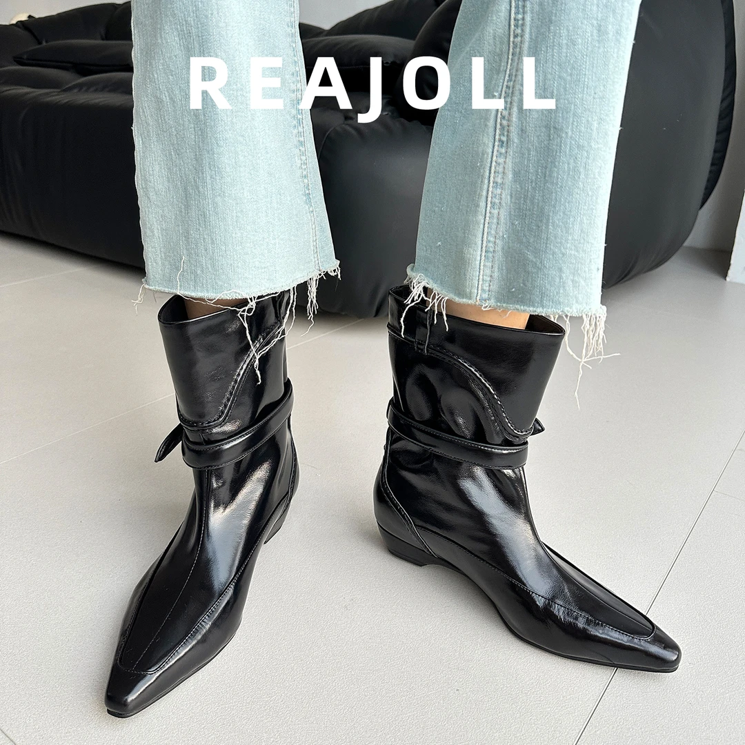 马丁靴女2025秋冬新款坡跟法式小众皮带扣裤管靴美拉德黑色短靴子