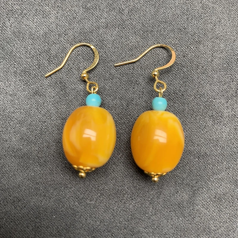 天然蜜蜡大椭圆形珠耳坠耳饰