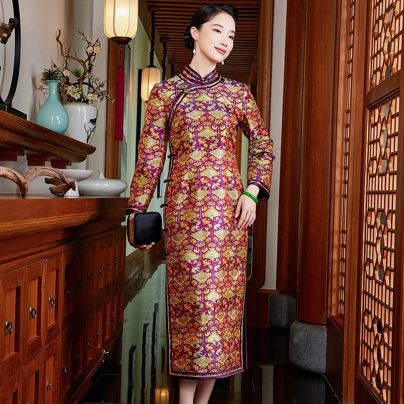 【云漪昭昭】交织提花幻彩蜀锦复古长袖中式修身气质显瘦旗袍W25197