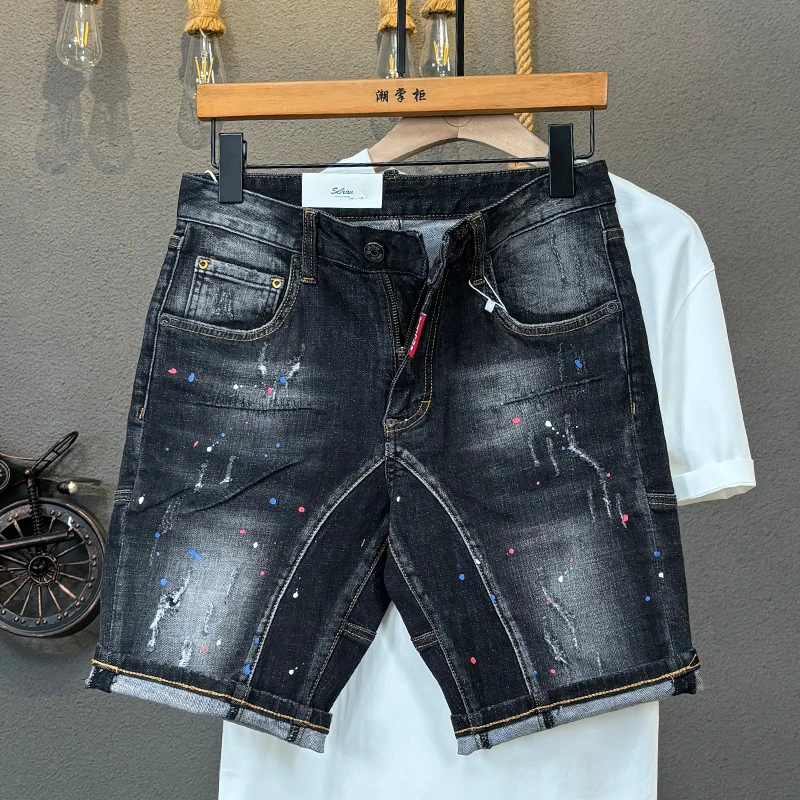 潮掌柜潮流拼接牛仔中裤男休闲百搭夏季薄款牛仔中裤时尚牛仔裤男