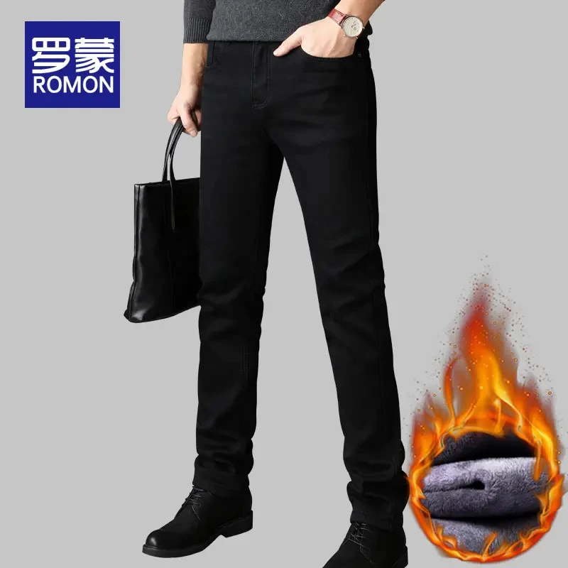 罗蒙男士秋冬季黑色牛仔裤男爆款2025新款加绒修身小脚裤子秋冬款