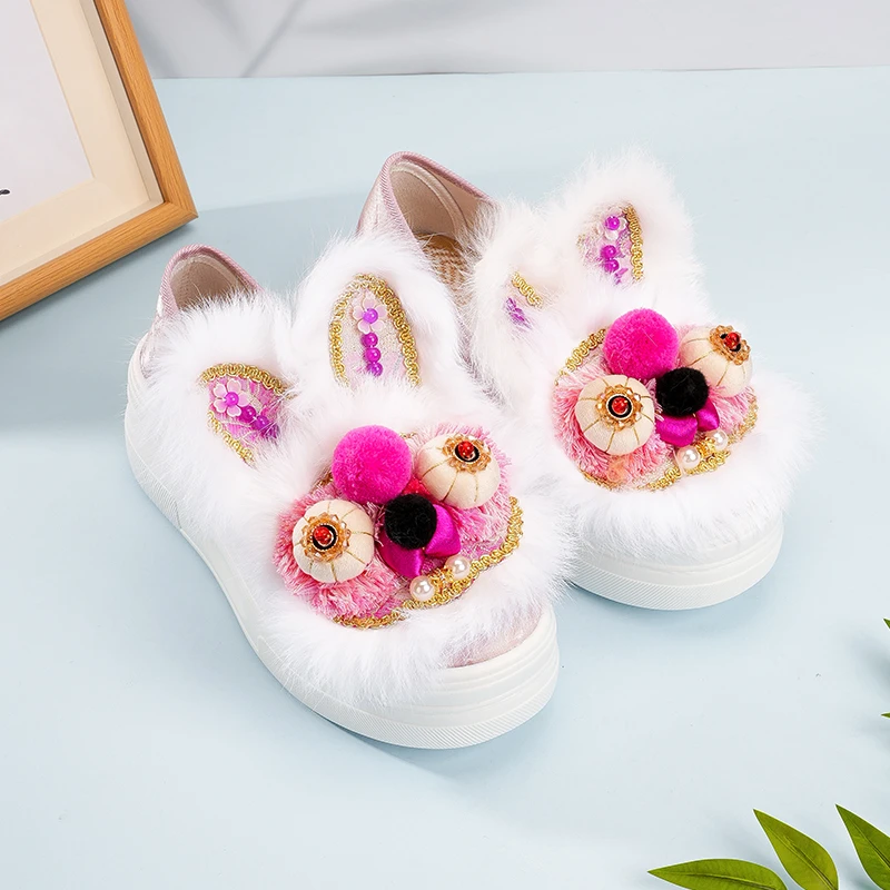 [厚底兔头单鞋]新款真兔毛虎头鞋民族风高跟手工民族风1913-120白