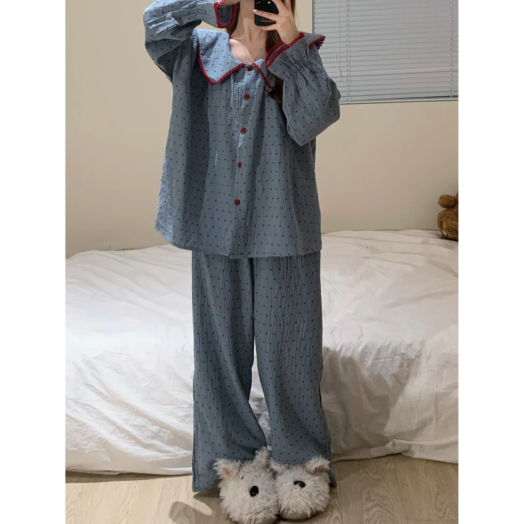 波点印花棉纱睡衣女春秋款2025新款爆款网红居家甜美家居服套装