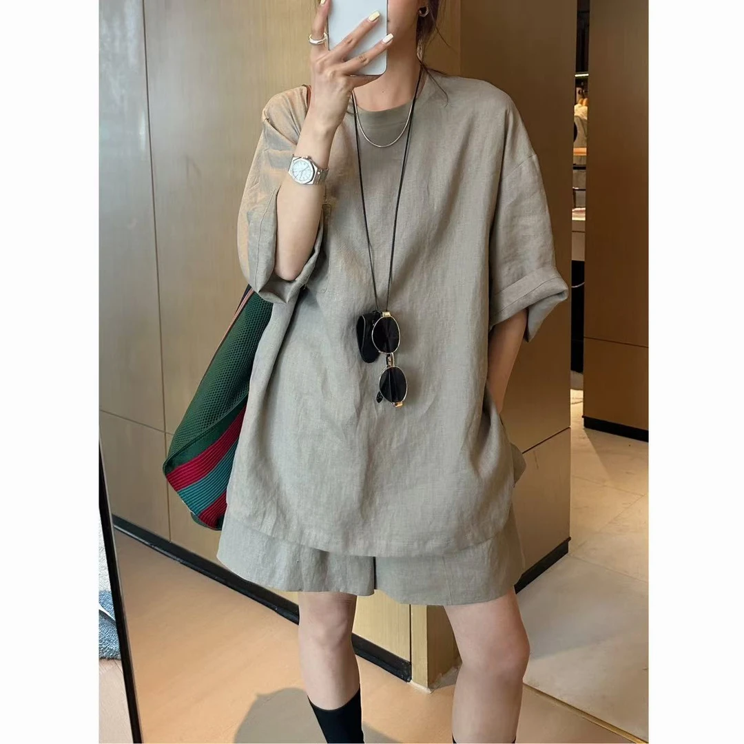 小静静一会【纯色亚麻套装】2025夏款宽松口袋两件套 2504C2125