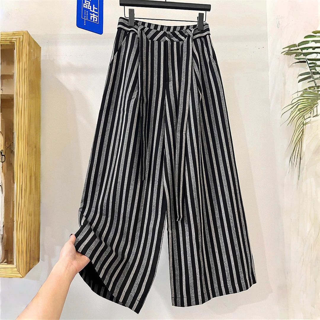 欧货高端条纹阔腿裤2025新款女时尚宽松显瘦秋季休闲直筒拖地长裤