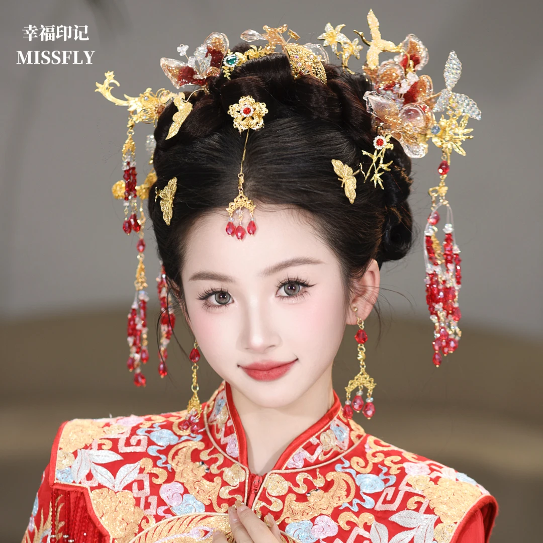 金红色新娘头饰花朵美心坠蝴蝶扇子步摇秀禾旗袍龙凤褂马面裙发饰