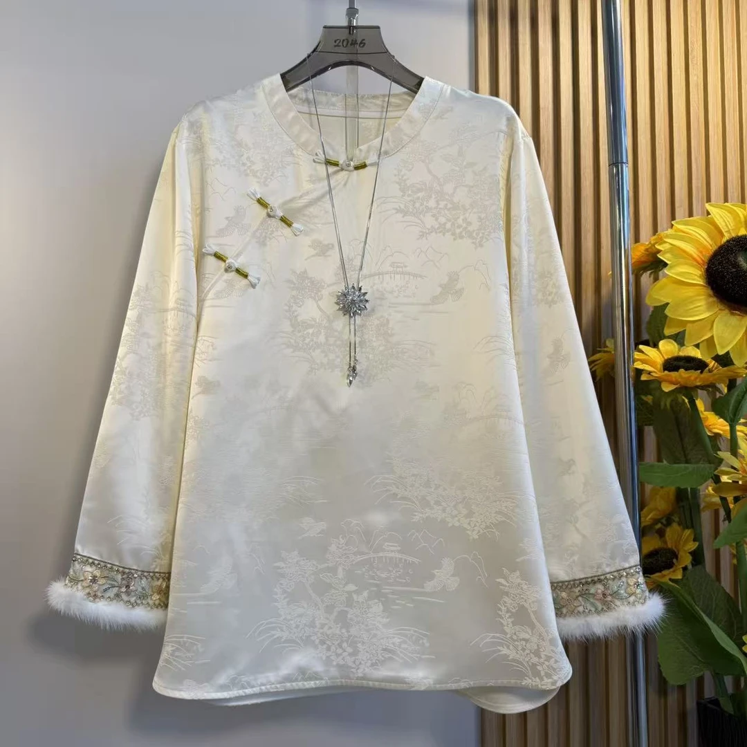新中式立领盘扣斜襟刺绣提花胖妹妹上衣2025秋冬国风袖口毛毛衬衫