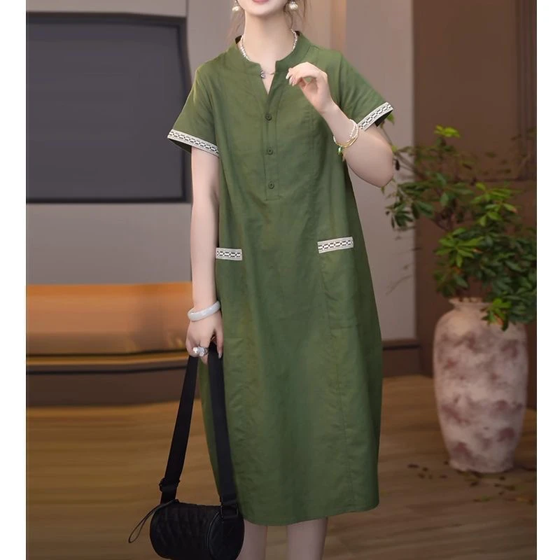 2577夏季新款韩版2025宽松休闲短袖拼接花边连衣裙女
