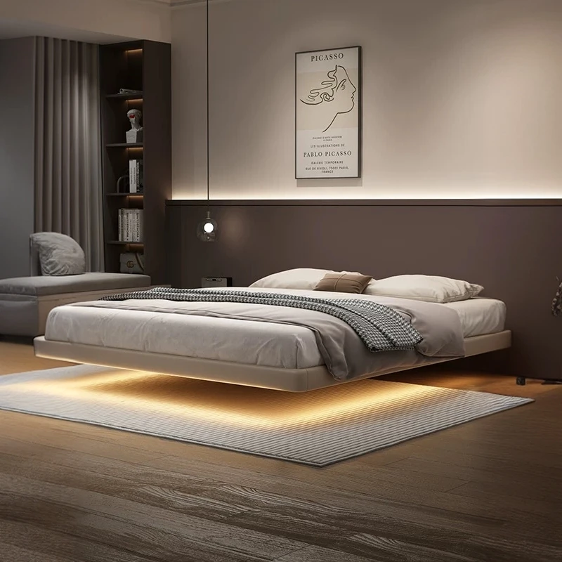 简约皮艺床极简软包床北欧双人矮床智能感应灯带