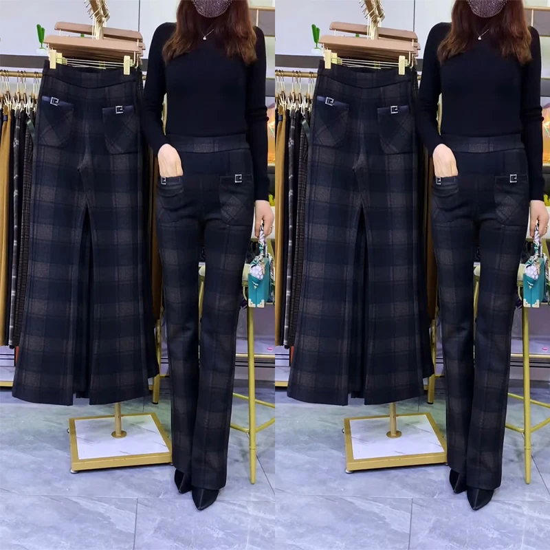 2025修身显瘦鱼尾裤绿格子高腰大码松紧腰秋季喇叭裤直筒微喇裤子