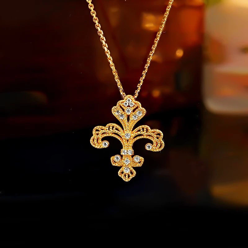 坠链均925银合成锆石 A270【心熙】S925纯银古风金色鸢尾花项链