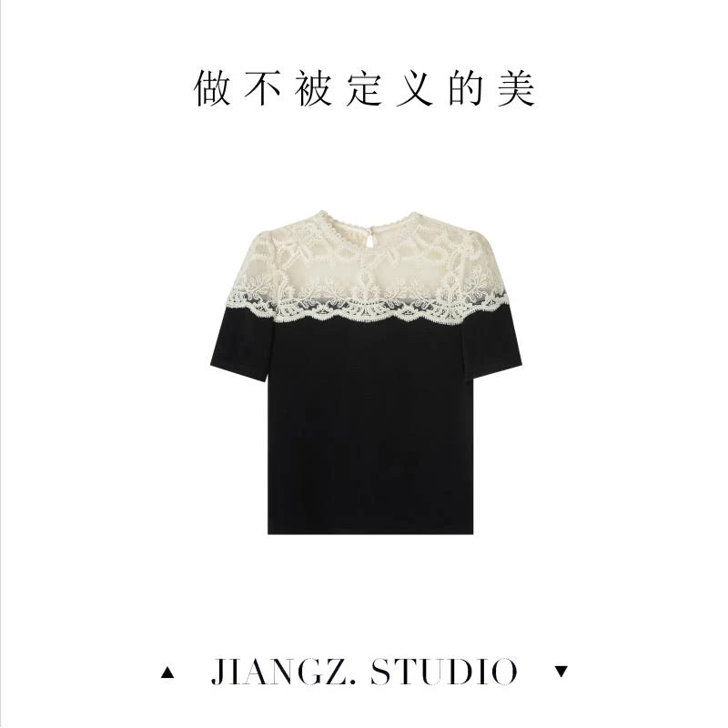 panii【月韵】夏季设计感透气网纱蕾丝拼接短袖T恤气质显瘦舒适上衣