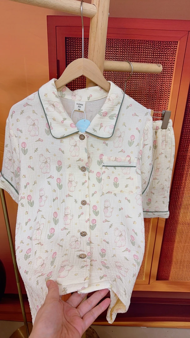 1短袖+短裤小翻领开衫款棉纱双层绉纱棉睡衣套装夏季