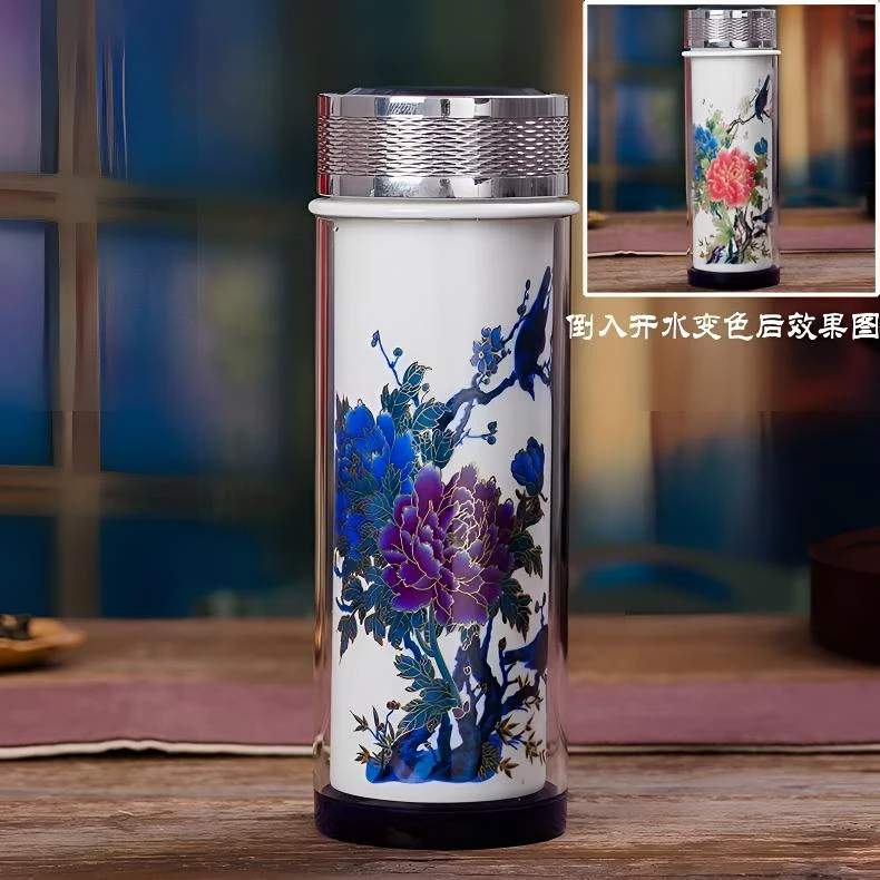 景德镇陶瓷正品牡丹变色杯水杯999杯子礼品茶杯保温杯内胆保健杯