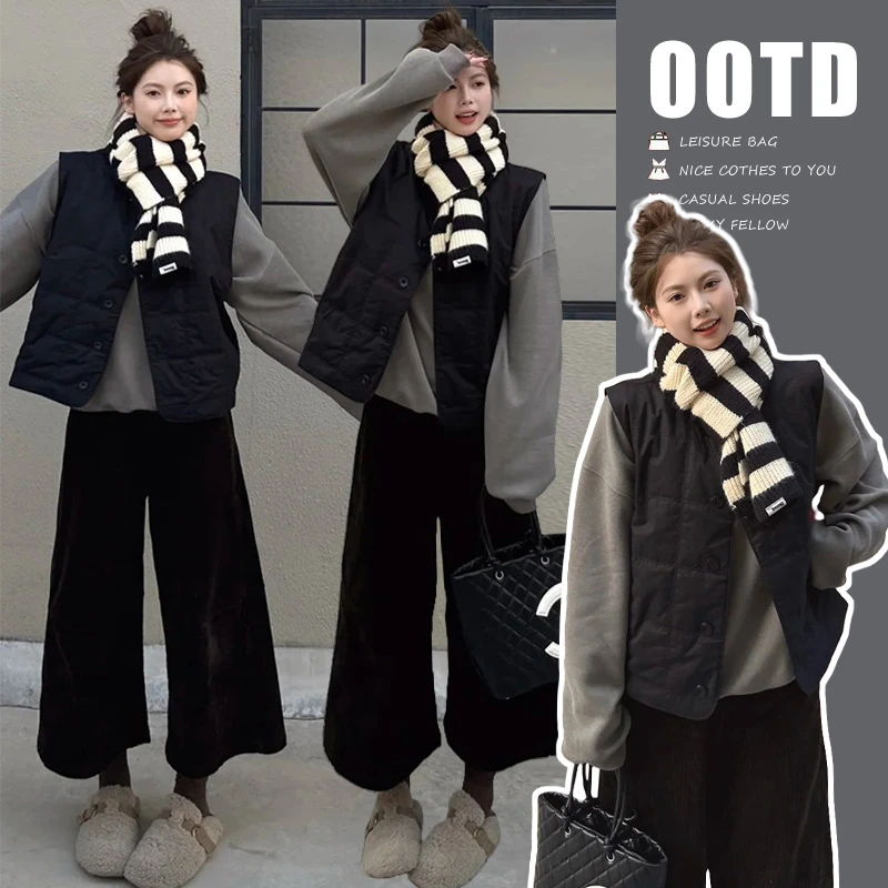 孕妇装秋冬时尚韩系简约加绒卫衣棉服马甲八分阔腿裤百搭三件套装