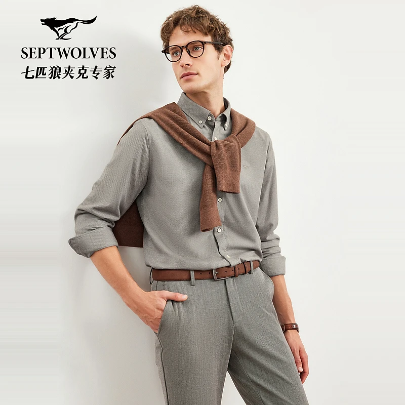 七匹狼男士秋冬千鸟格加绒衬衫长袖翻领商务时尚舒适休闲衬衫2213