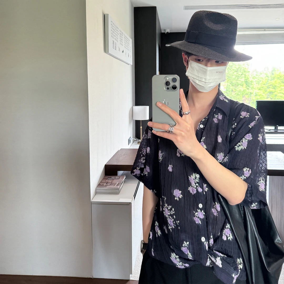 高林凡 韩系氛围感褶皱设计碎花衬衫宽松舒适痞帅风薄款度假衬衣