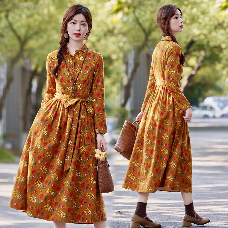 复古碎花连衣裙2025秋季新款时尚优雅气质高腰系带A字宽松中长裙