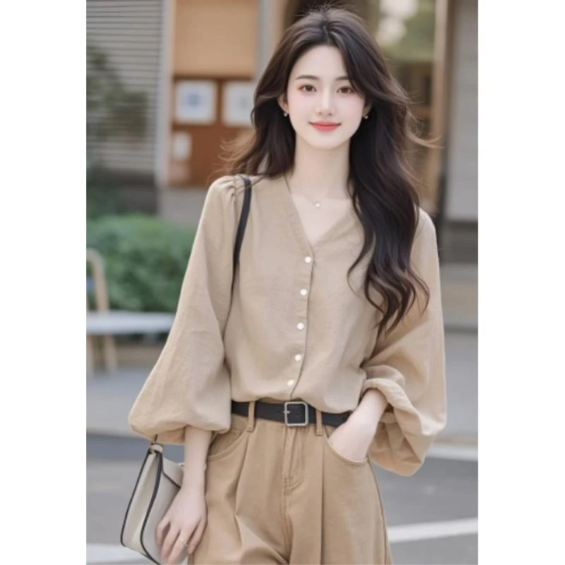 韩系气质高级感小个子上衣宽松遮肉显瘦卡其色衬衫女早春2025新款