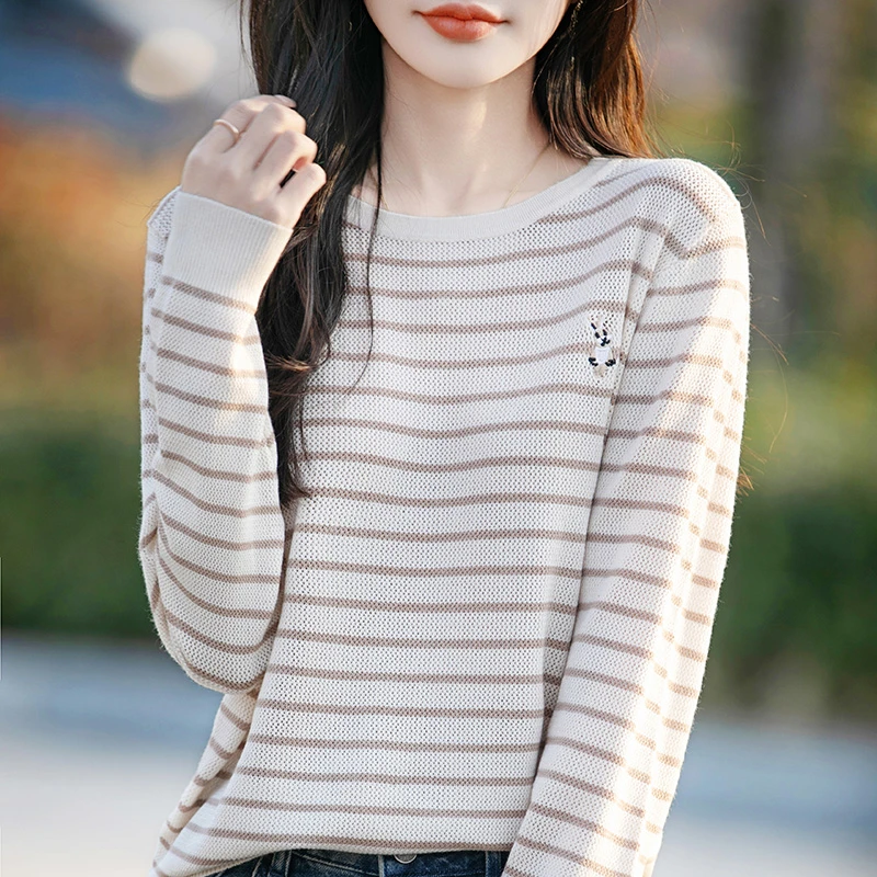 哥弟阿玛施正品小兔刺绣条纹套头羊毛衫宽松显瘦时尚针织打底衫女