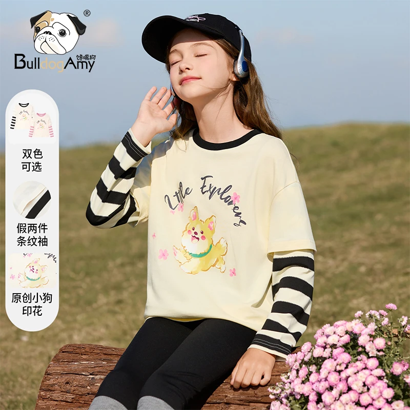 女童黑色纯棉拼接长袖T恤2025春装新款洋气儿童大童撞色圆领上衣