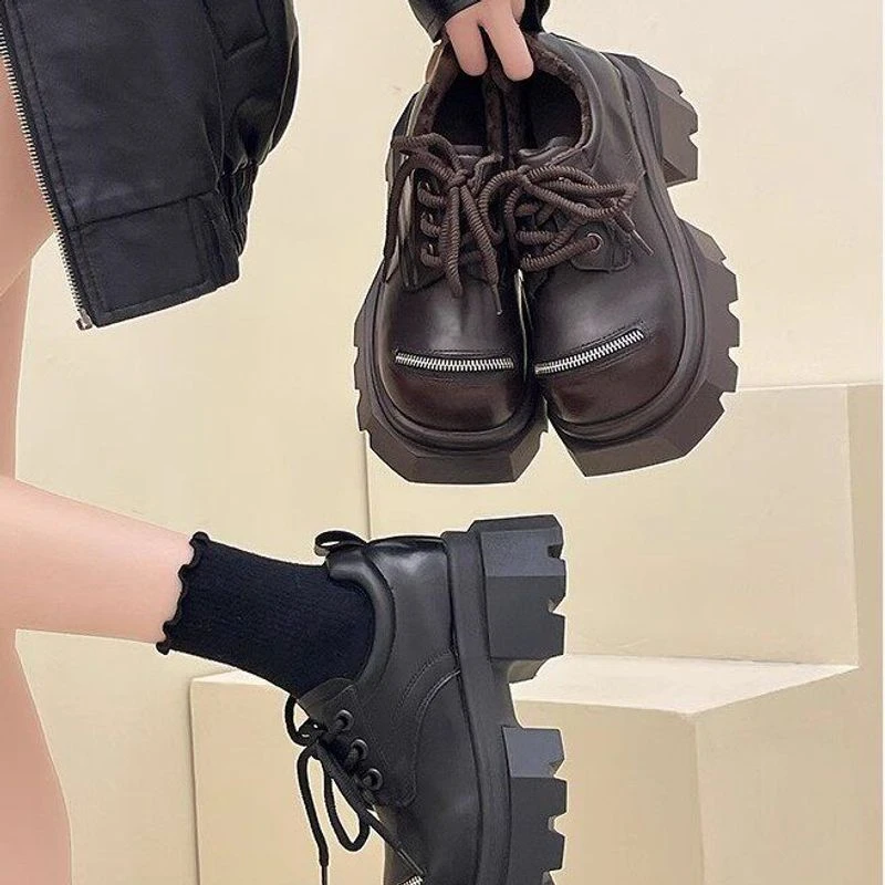 欧洲站复古休闲乐福鞋女2025春季新款粗跟小众设计系带高级小皮