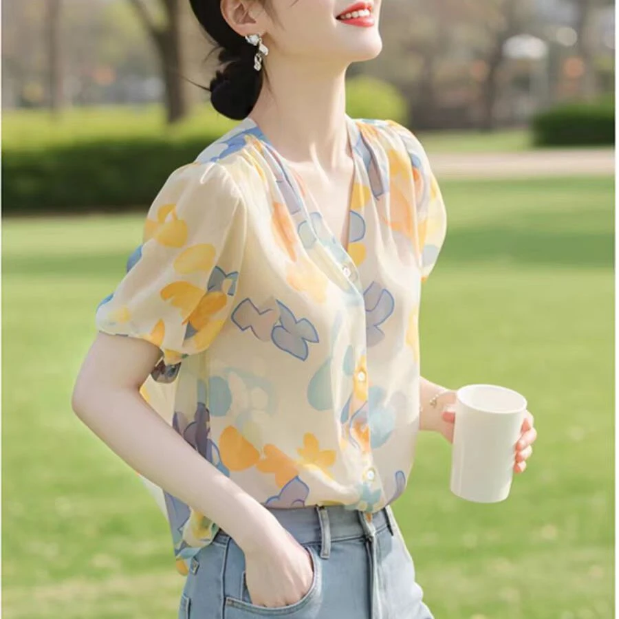 法式田园风夏装清新法式小众雪纺小衫超好看印花短袖衬衫女HS7257