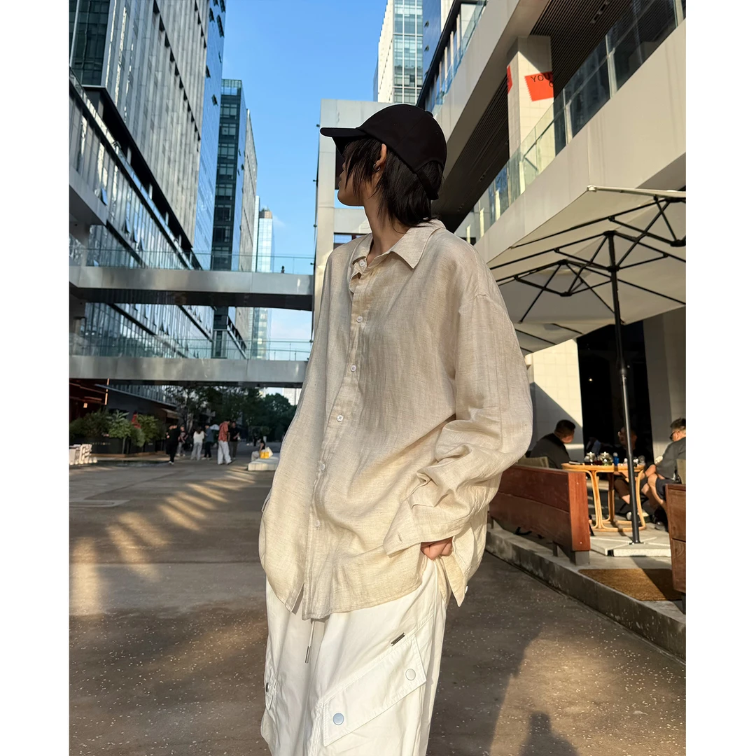 小众褶皱感【恋爱的犀牛】柔软的亚麻纱情侣款文艺长袖衬衫