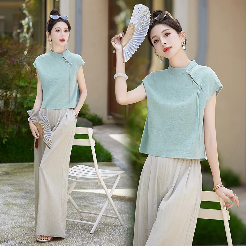 棉麻套装女夏季2025新款新中式国风阔腿裤休闲两件套气质上班族女