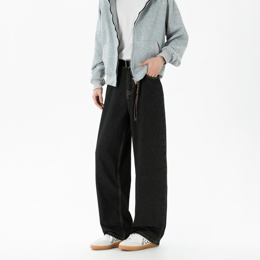 力美斯邦复古直筒黑色宽松黑垂感日系宽松男士牛仔裤秋冬款