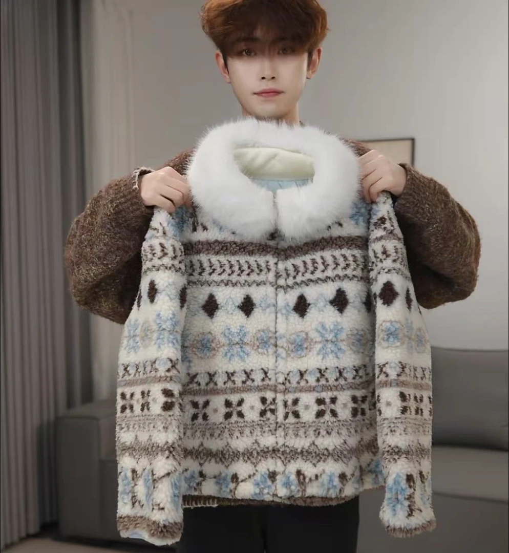 女童费尔岛提花羊羔毛外套冬款可拆卸毛领加厚宽松保暖棉袄外套