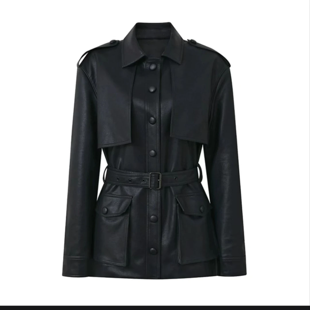 曼曼【英伦酷姐】口袋塑腰中长款设计感皮衣外套