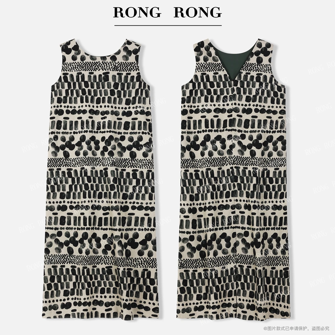 溶溶T【森林舞曲】RONG 莱赛尔亚麻混纺几何印花无袖连衣裙F-Z0369