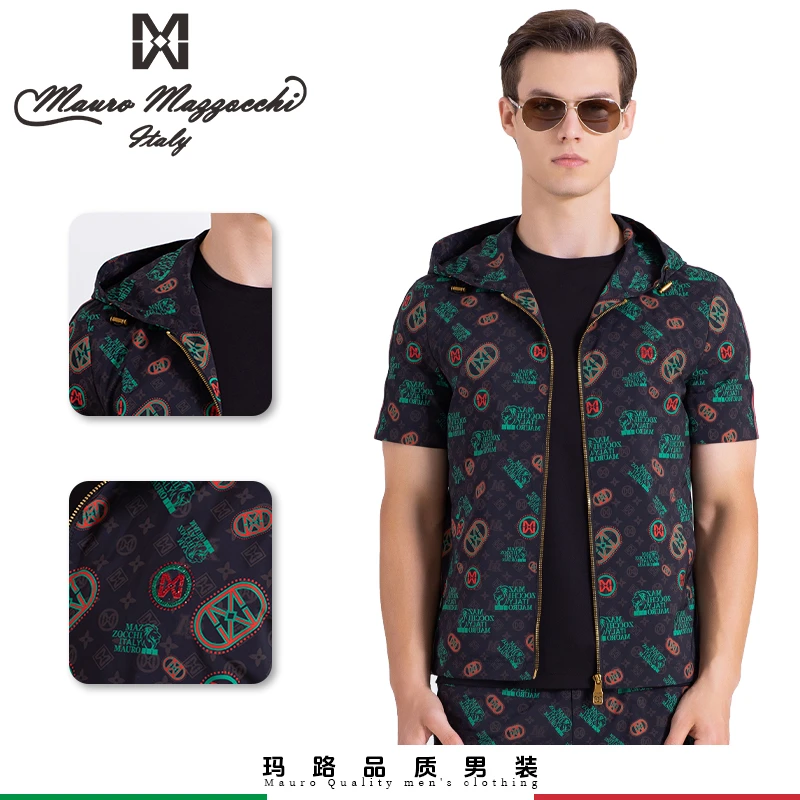 Mauro/玛路烫钻印花男士连帽短袖茄克时尚潮流休闲修身春夏季2302