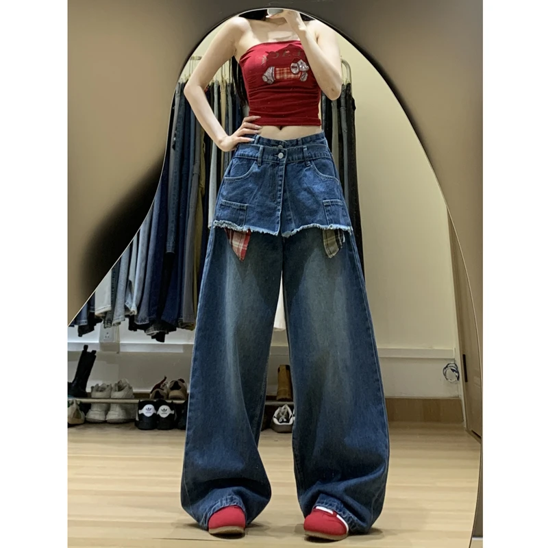 美式复古假两件毛边拼接牛仔裤女2025早秋款宽松阔腿裤休闲拖地裤