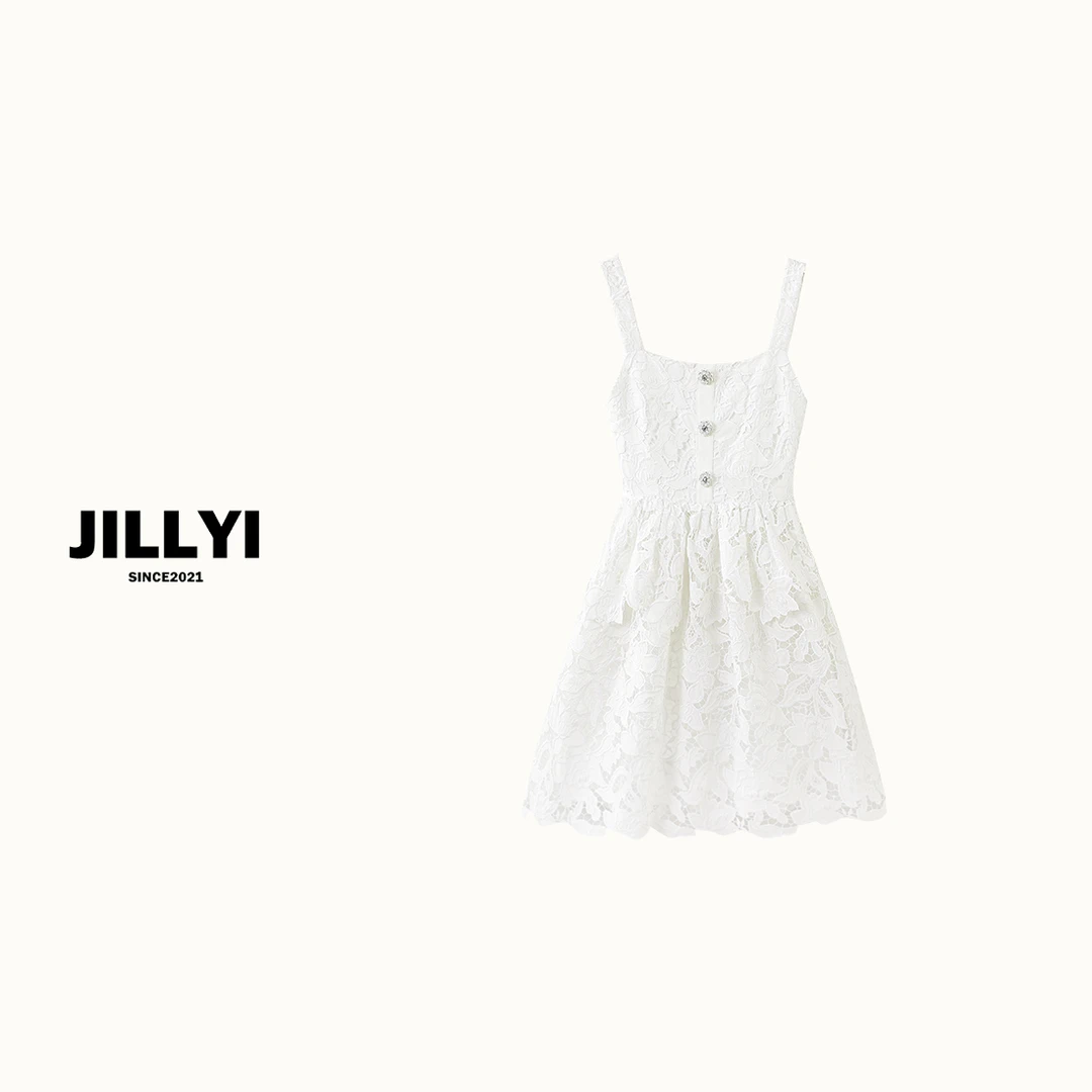JILLYI南山店【芭蕾浅白】白色镂空工艺公主气质吊带连衣裙时尚百搭