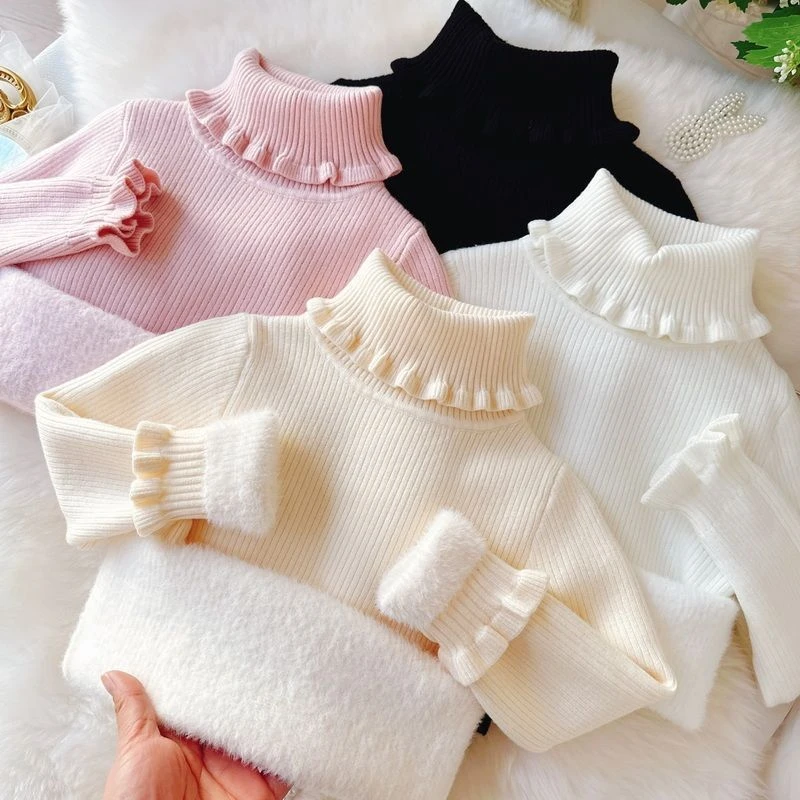 现货女童毛衣高领花边领2025冬装新款一体绒儿童毛衣厚宝宝毛衣