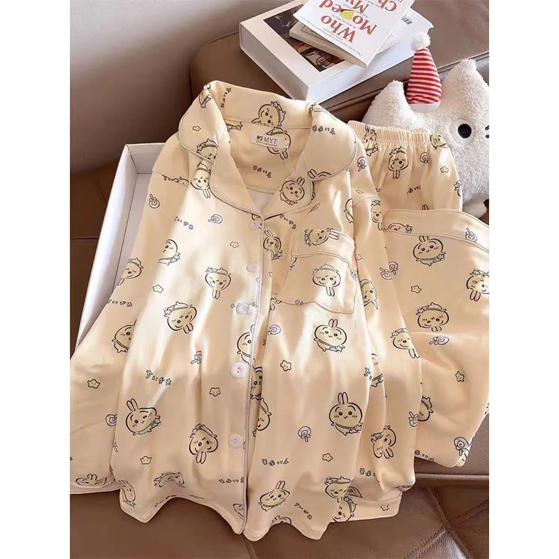 可爱卡通吉伊卡哇乌萨奇睡衣女秋冬季长袖加厚德绒外穿家居服套装