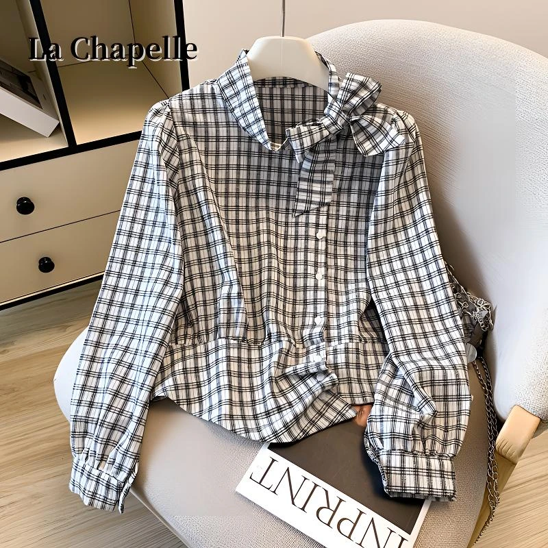 拉夏贝尔早秋新款蝴蝶结拼接格子长袖衬衫女装不规则时尚减龄小衫