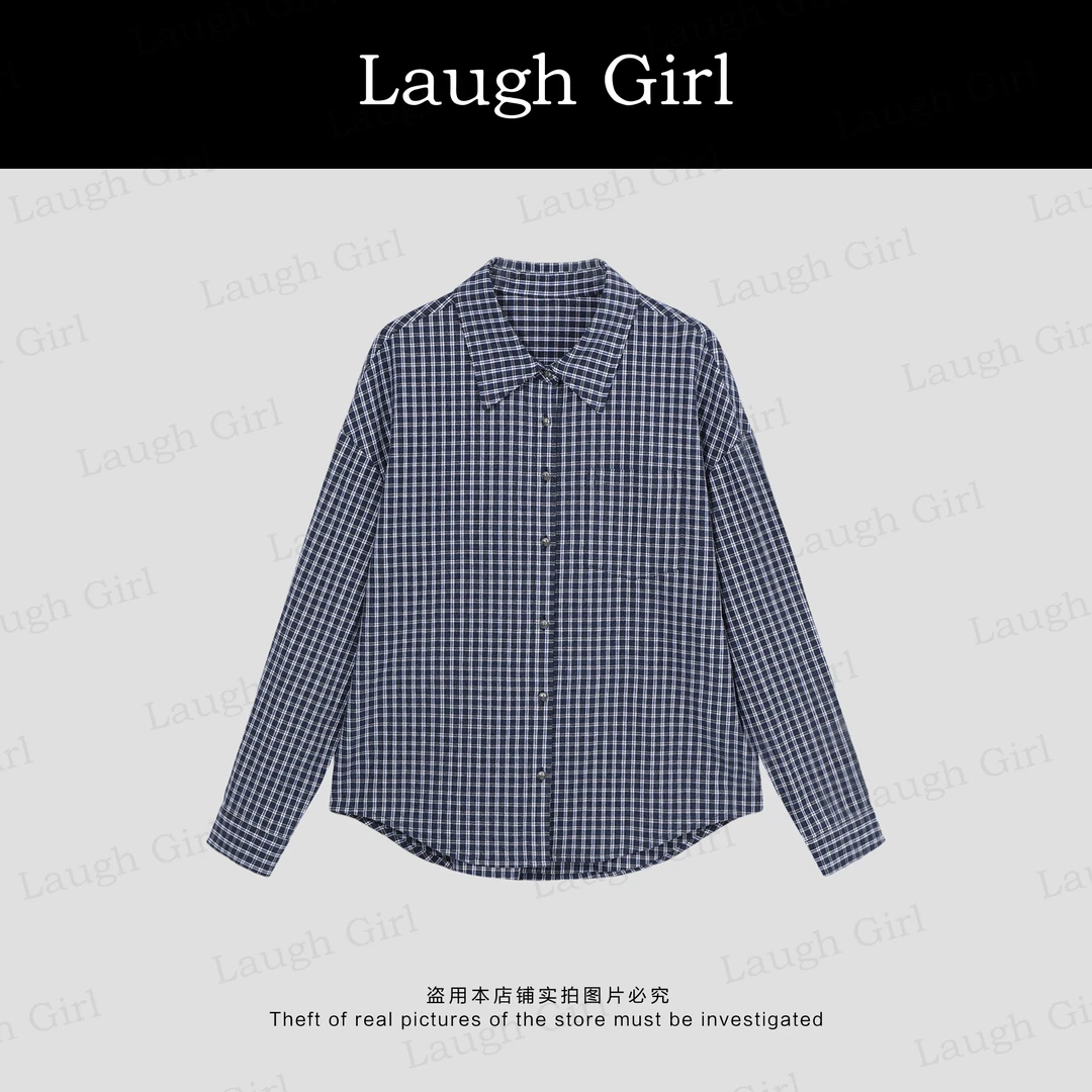 楚楚君 Laugh girl【复古随性】秋款抗皱韩系格子长袖衬衫CL53328J