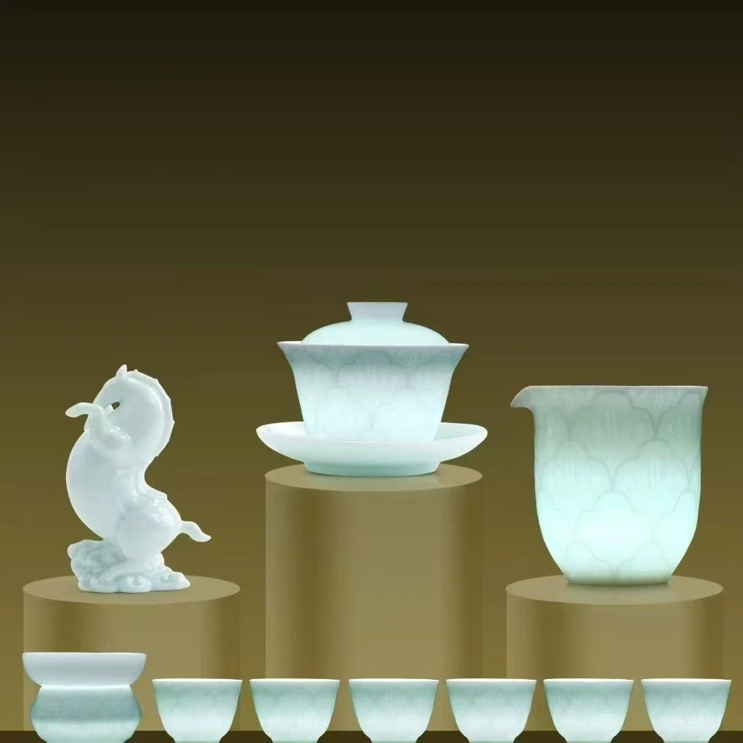 景德镇仿宋高温陶瓷影青浮雕盖碗茶具套装家用素雅大气乔迁送礼盒