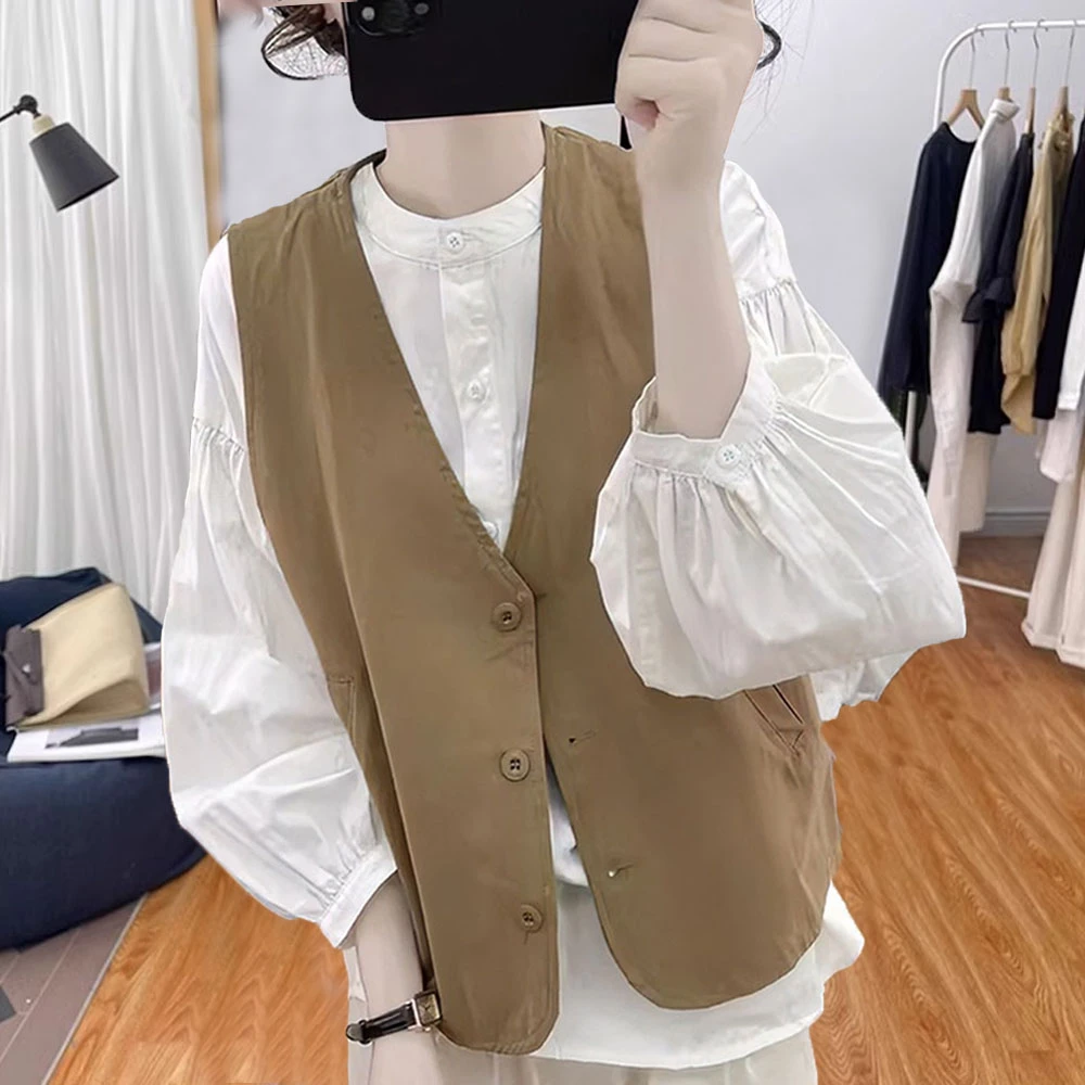 秋装搭配一整套女今年流行漂亮套装高级感V领马甲背心+衬衫两件套