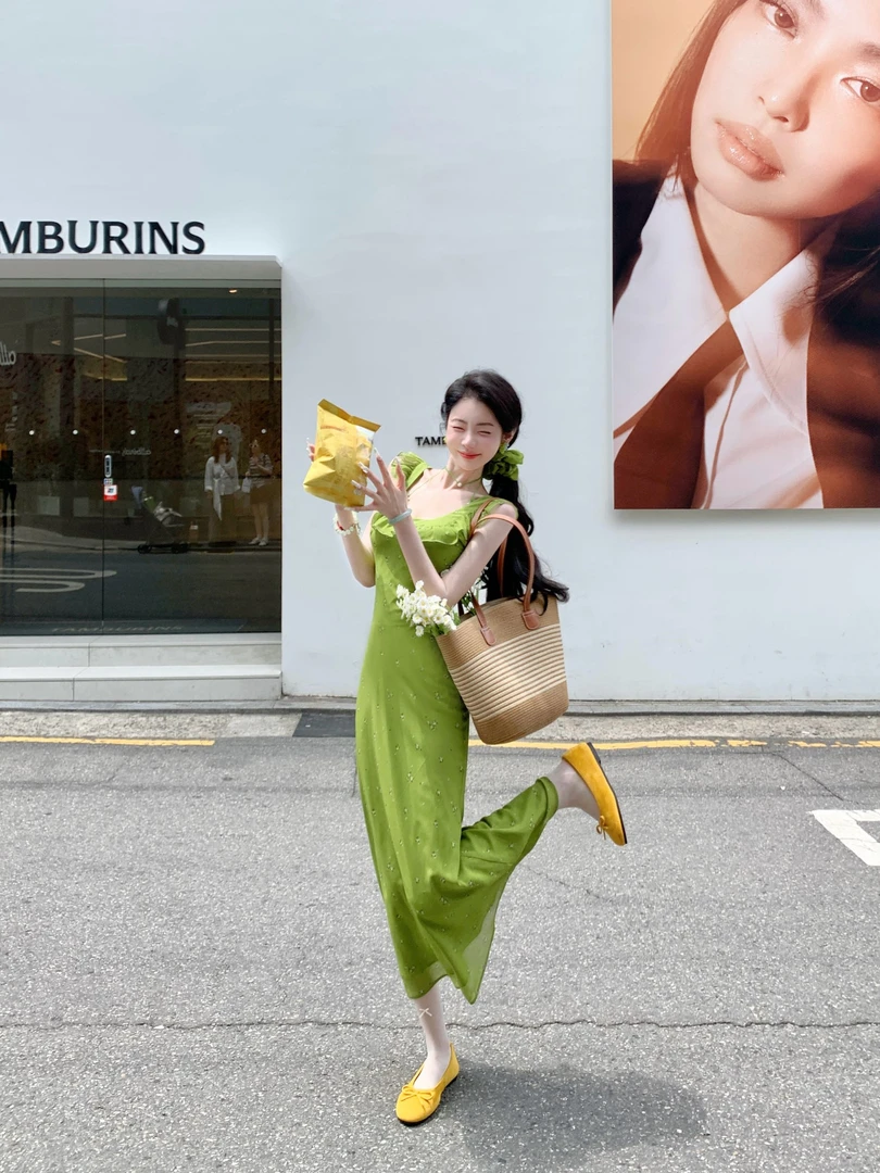 【雅乔定制】森林雨露 法式U领荷叶边绿色碎花连衣裙DYLL-25046739