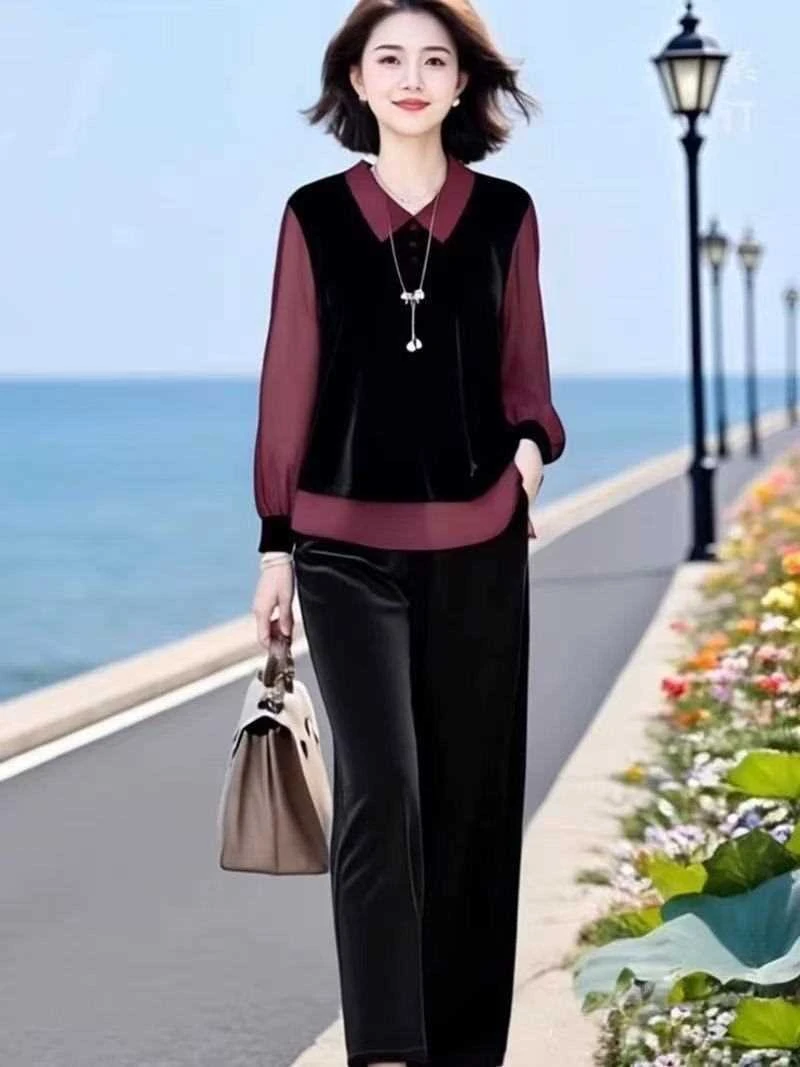 尚派原创品牌女装店新款松紧腰显瘦直筒裤拼接雪纺假两件上衣套装