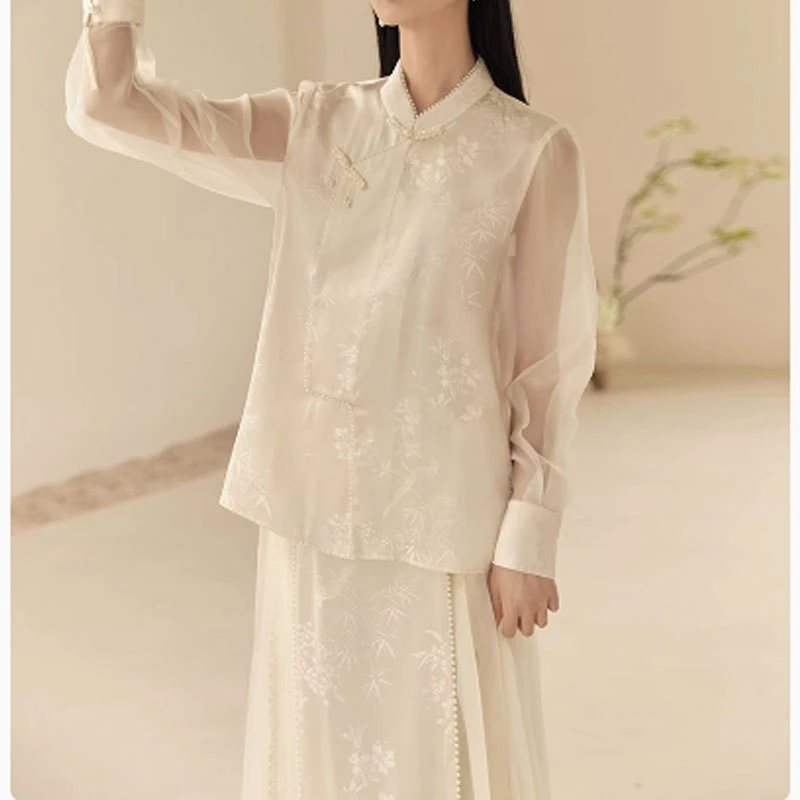 2025年春季新款复古禅意优雅新中式改良版立领珍珠盘扣中国风套装