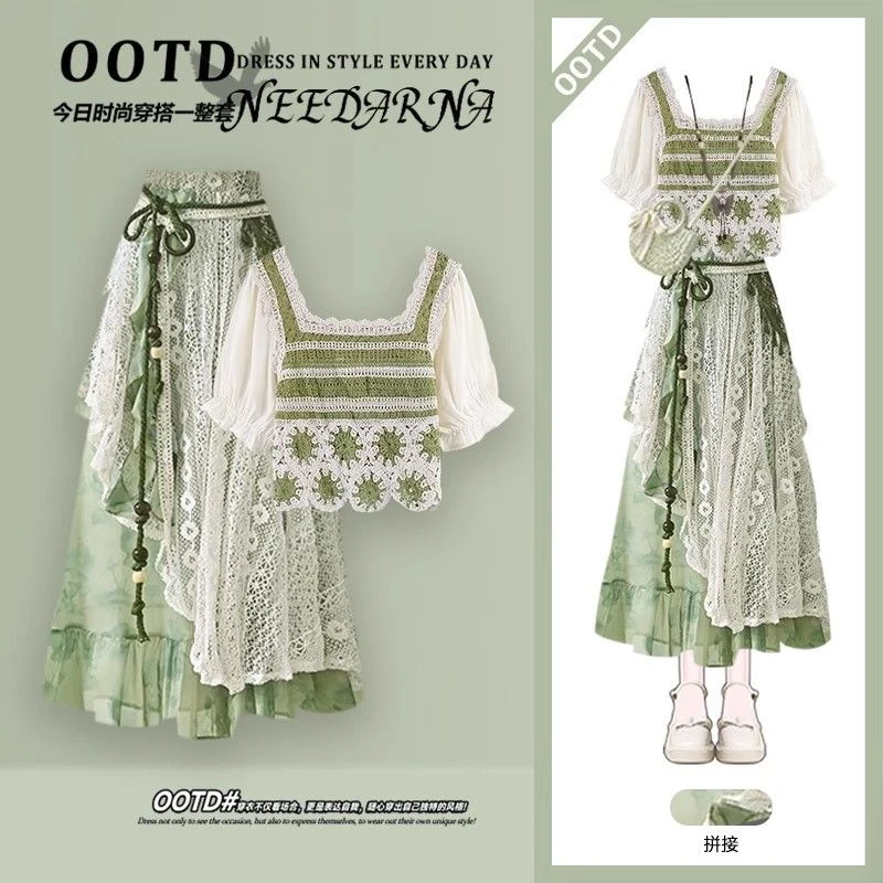 云南旅游穿搭民族风巨好看裙子2025夏季多巴胺波西米亚绿色连衣裙