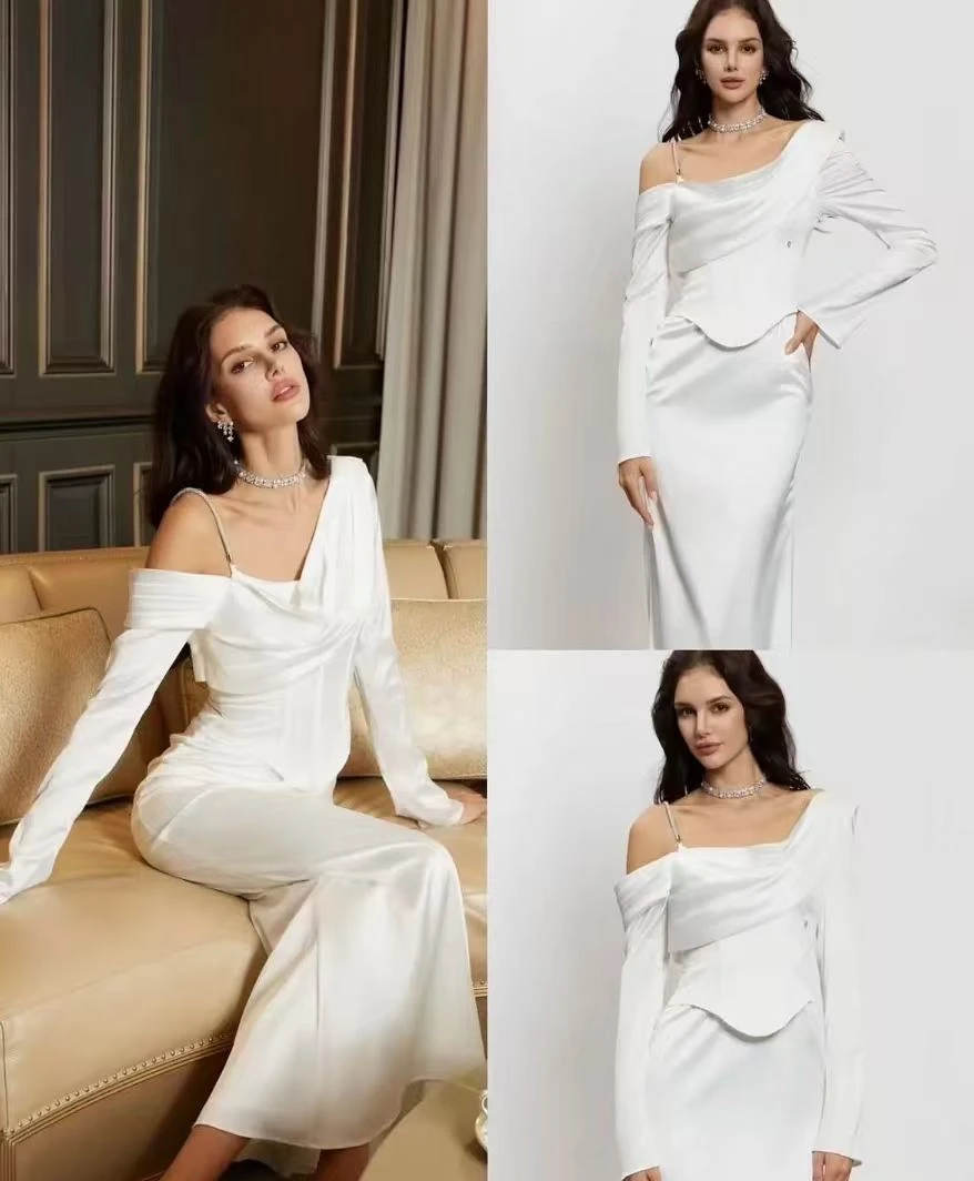 法式高腰白色气质一字领套头针织时尚鱼尾裙长袖连衣裙显瘦